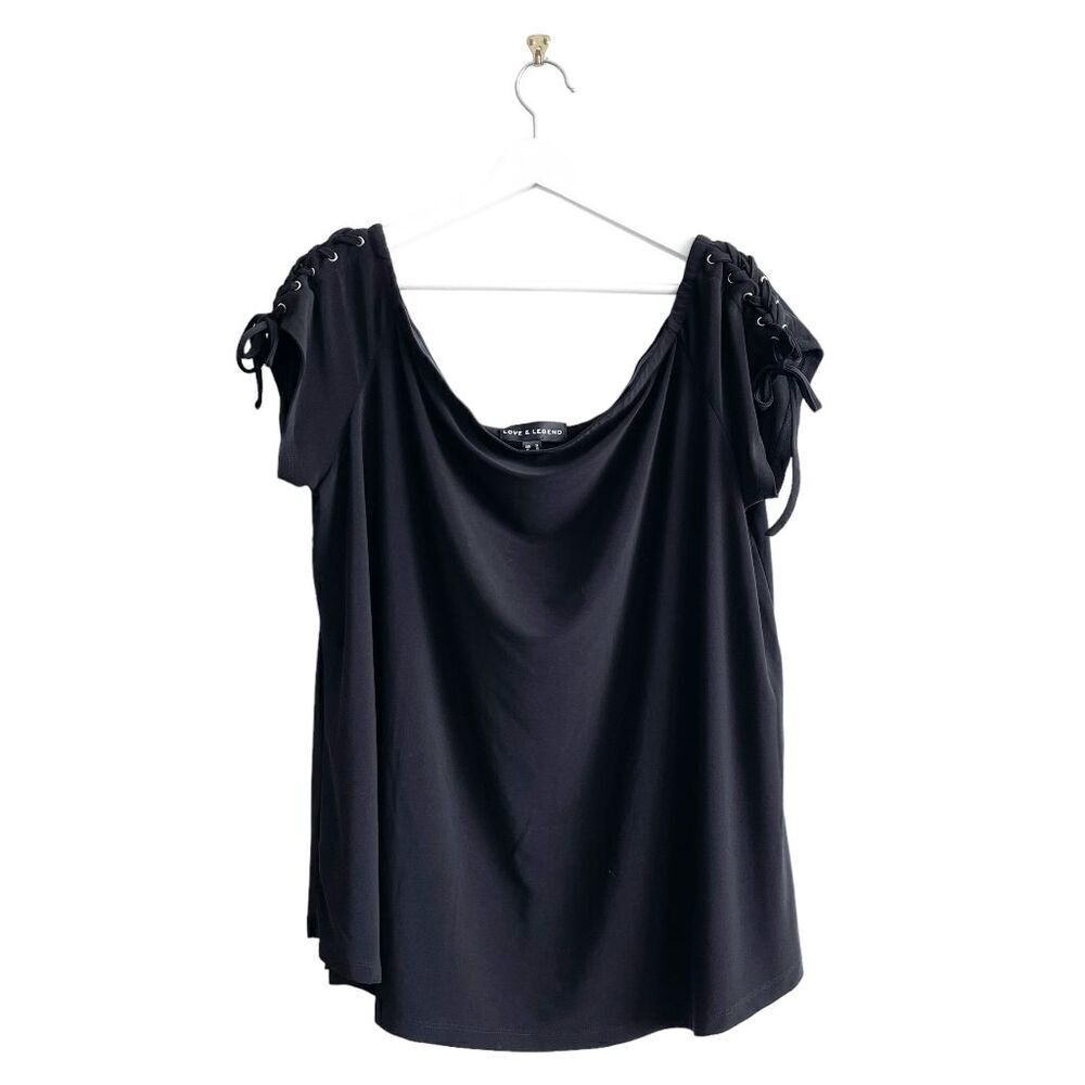 Love & Legend Women's Lace-Up Shoulders Short Sleeve Top Black Size 3X
